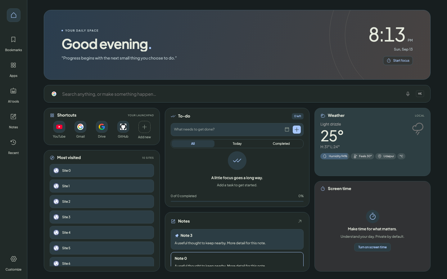 The same customizable bento dashboard in dark mode.