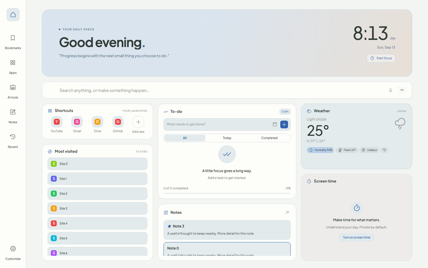 Daily Workspace in light mode, showing a greeting, search, shortcuts, tasks, weather, most visited sites, notes and screen time.